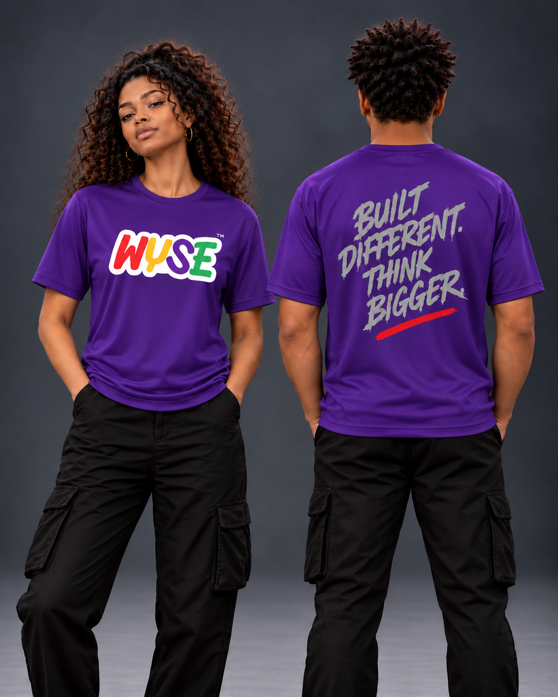 WYSE Built Different Performance Tee in Purple, front and back studio model views