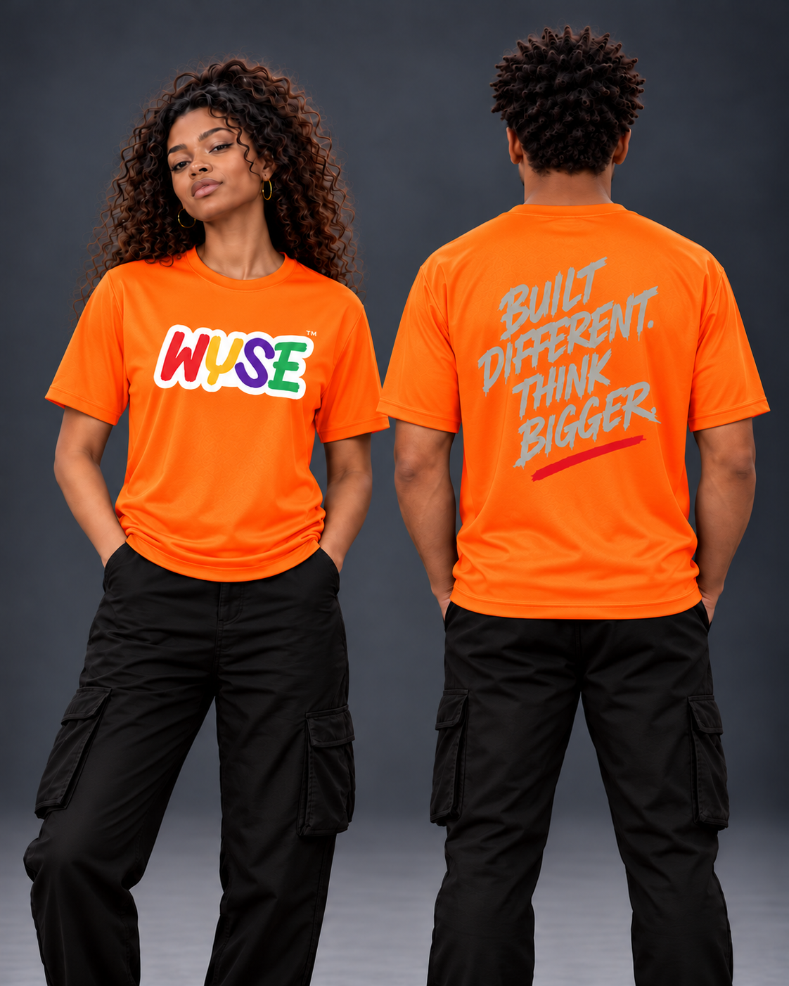 WYSE Built Different Performance Tee in Safety Orange, front and back studio model views