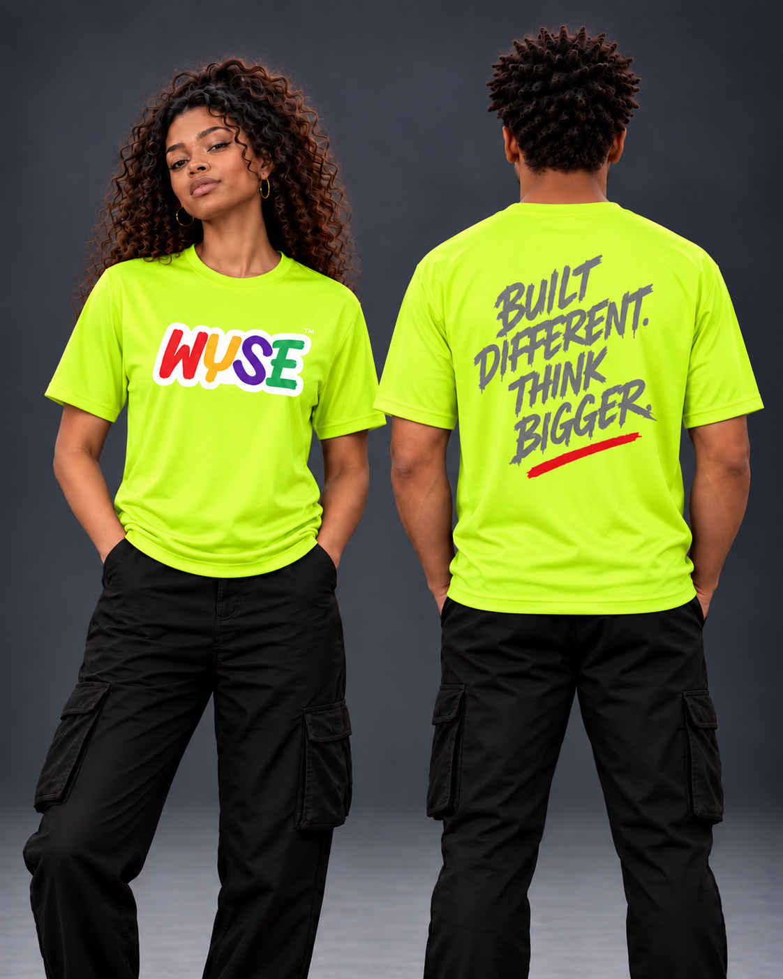 WYSE Built Different Performance Tee in Safety Yellow, front and back studio model views