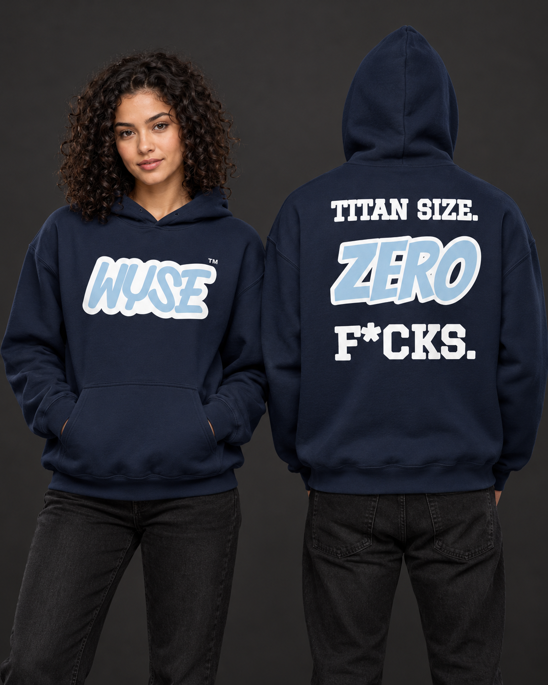 Tennessee Titans fan hoodie in navy, shown from the front and back with light blue WYSE chest artwork.