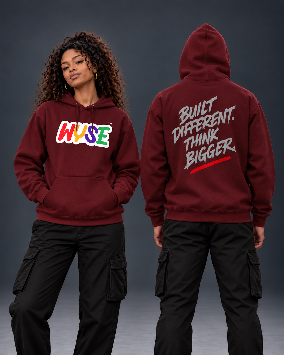 Maroon WYSE Built Different Graphic Hoodie — front and back shown on female and male models in a neutral studio
