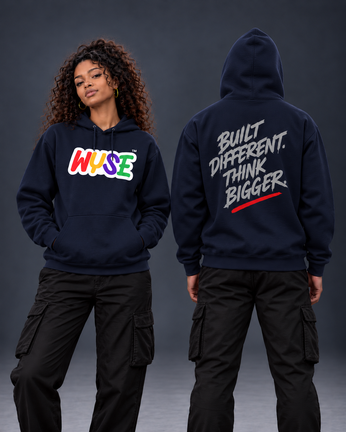 Navy WYSE Built Different Graphic Hoodie — front and back shown on female and male models in a neutral studio