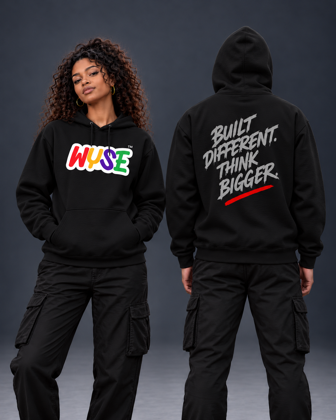 Black WYSE Built Different Graphic Hoodie — front and back shown on female and male models in a neutral studio