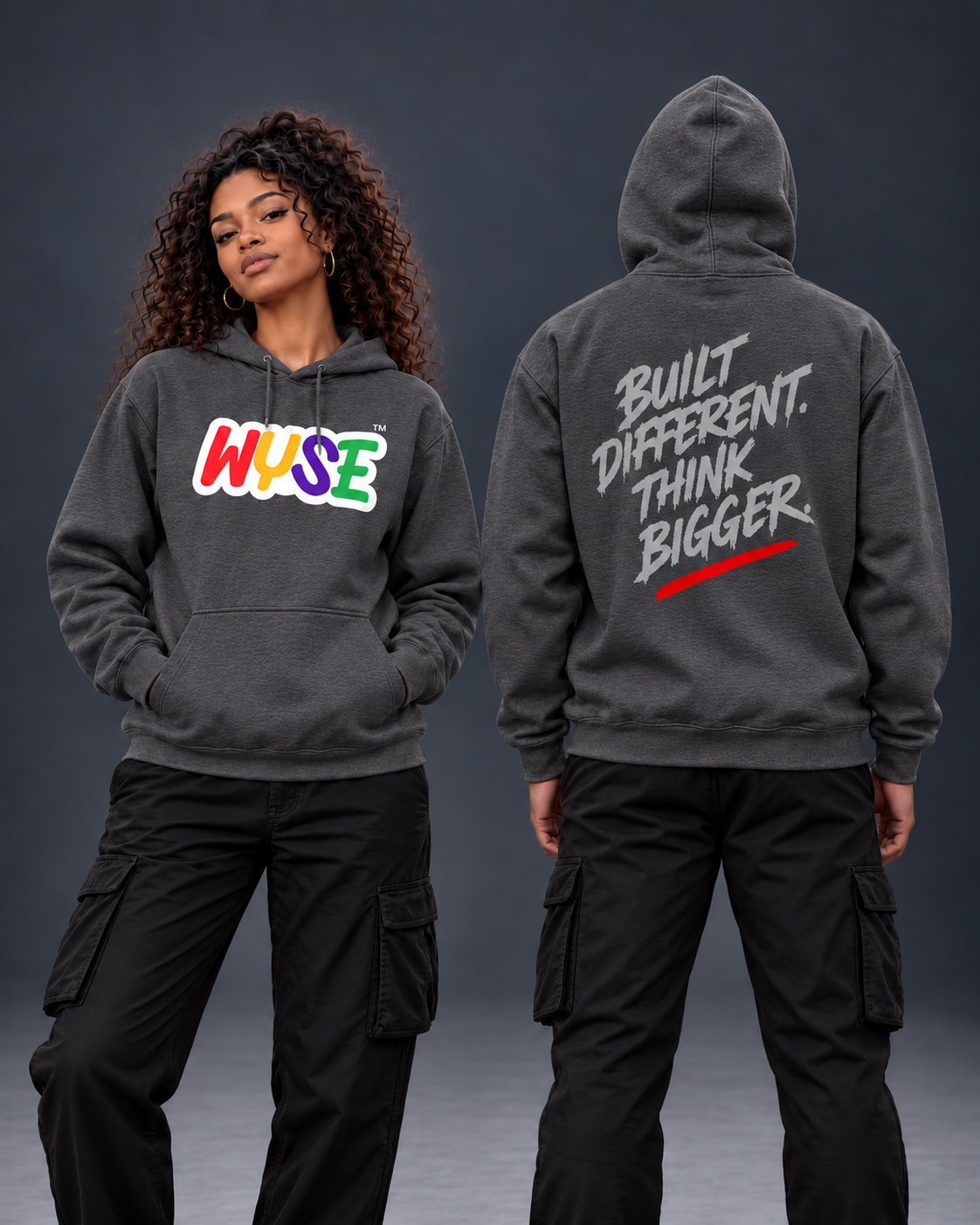 Dark Heather WYSE Built Different Graphic Hoodie — front and back shown on female and male models in a neutral studio