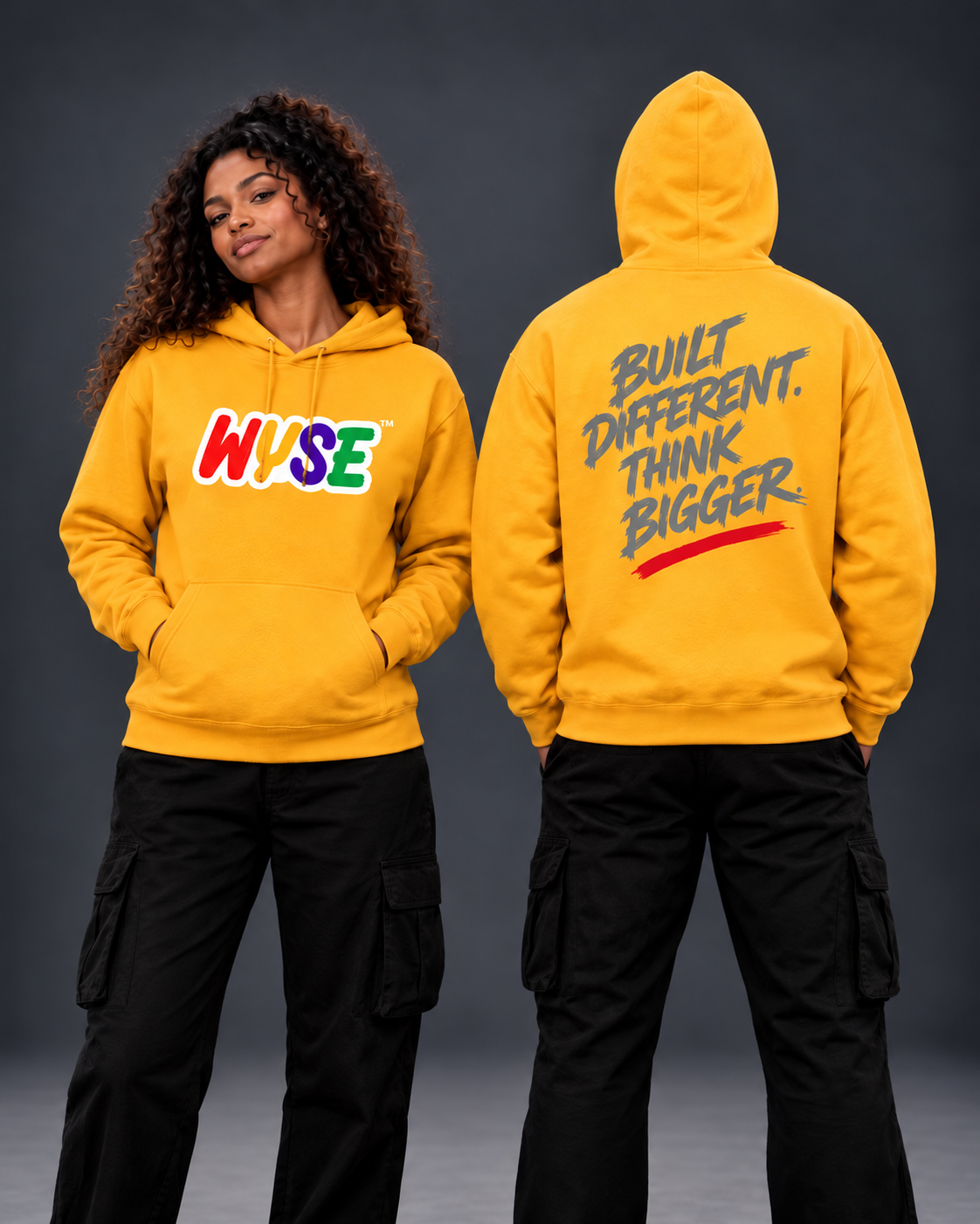 Gold WYSE Built Different Graphic Hoodie — front and back shown on female and male models in a neutral studio