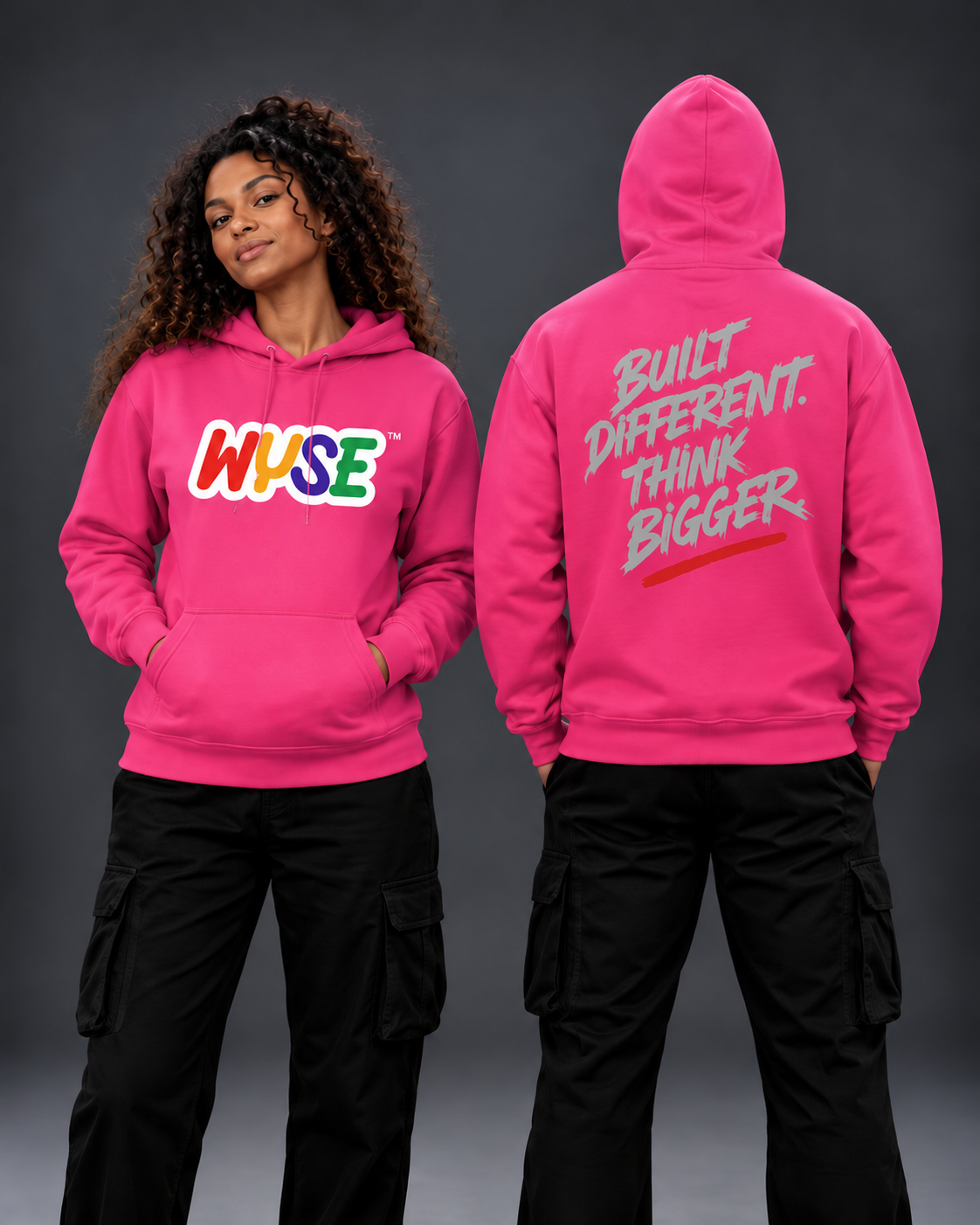 Heliconia WYSE Built Different Graphic Hoodie — front and back shown on female and male models in a neutral studio