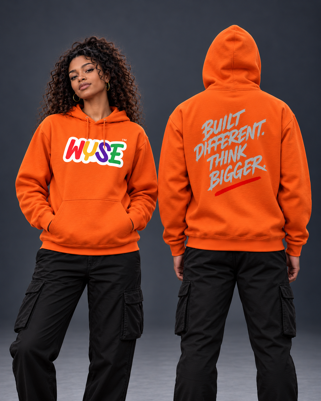 Orange WYSE Built Different Graphic Hoodie — front and back shown on female and male models in a neutral studio