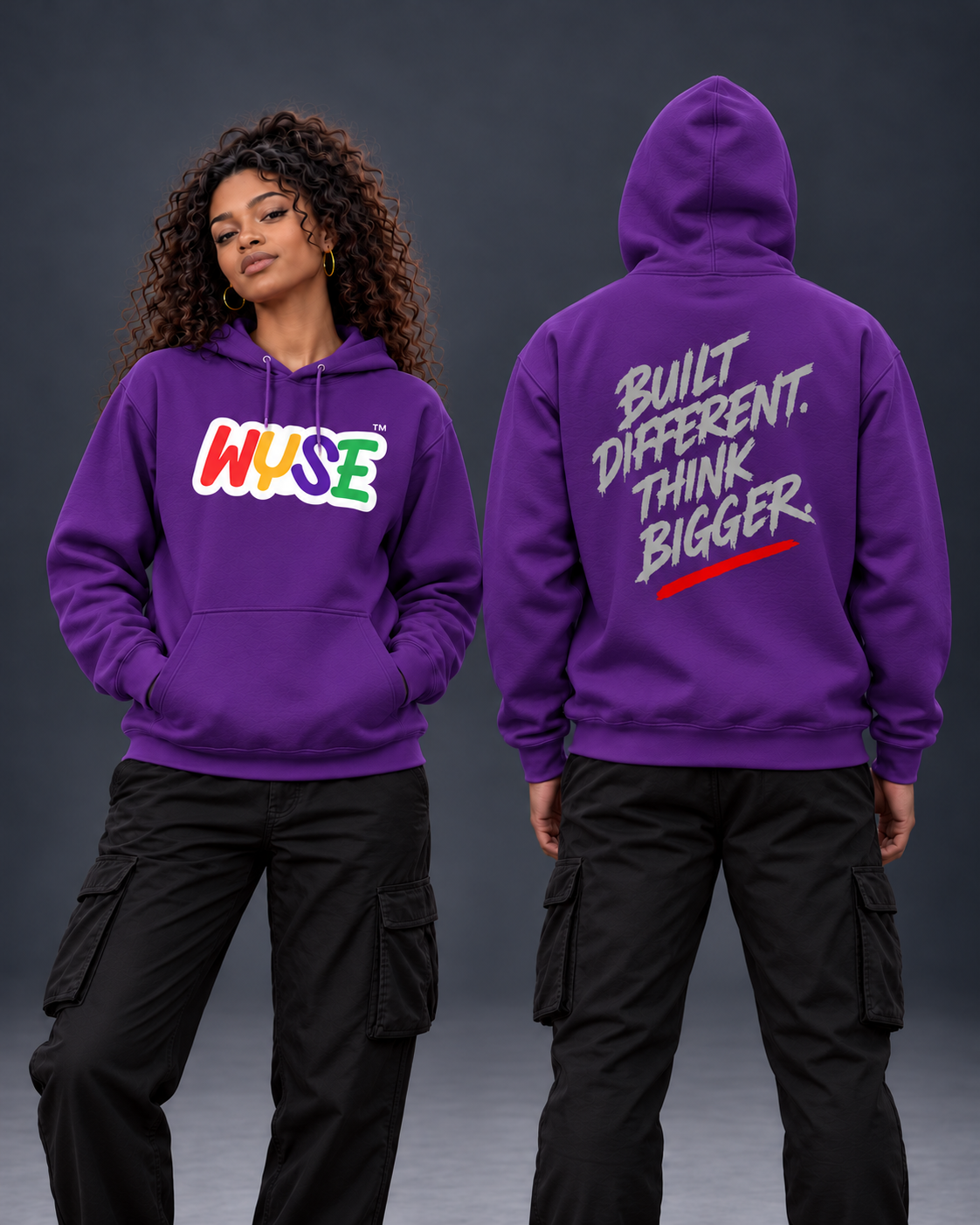Purple WYSE Built Different Graphic Hoodie — front and back shown on female and male models in a neutral studio