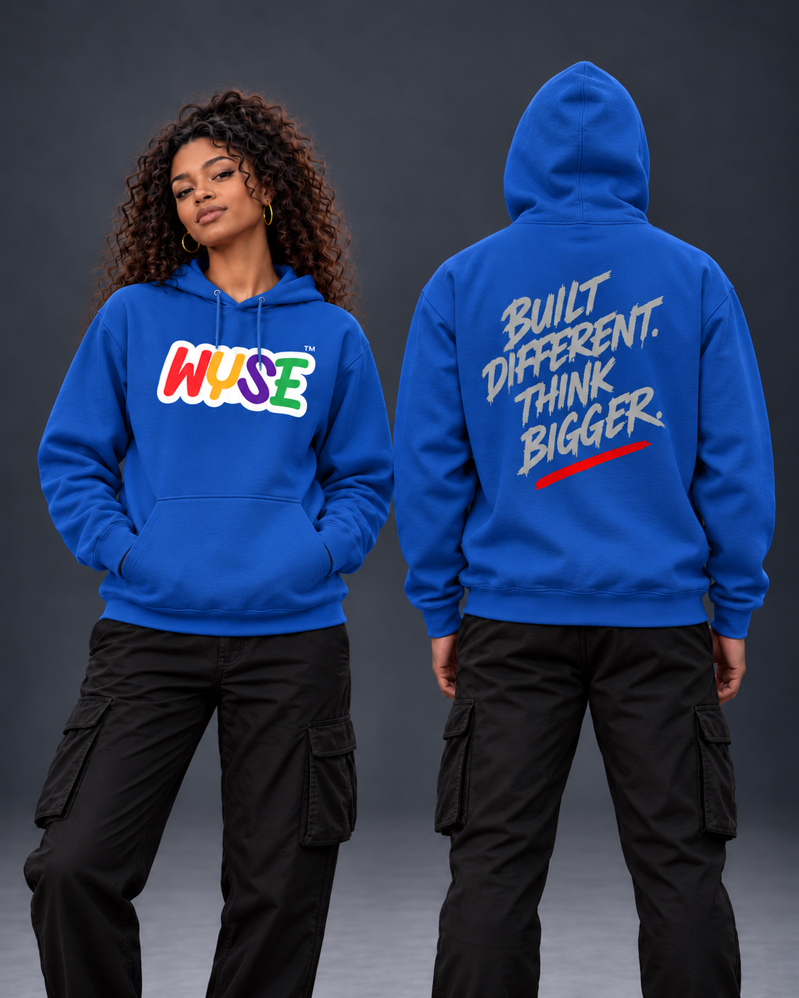 Royal Blue WYSE Built Different Graphic Hoodie — front and back shown on female and male models in a neutral studio