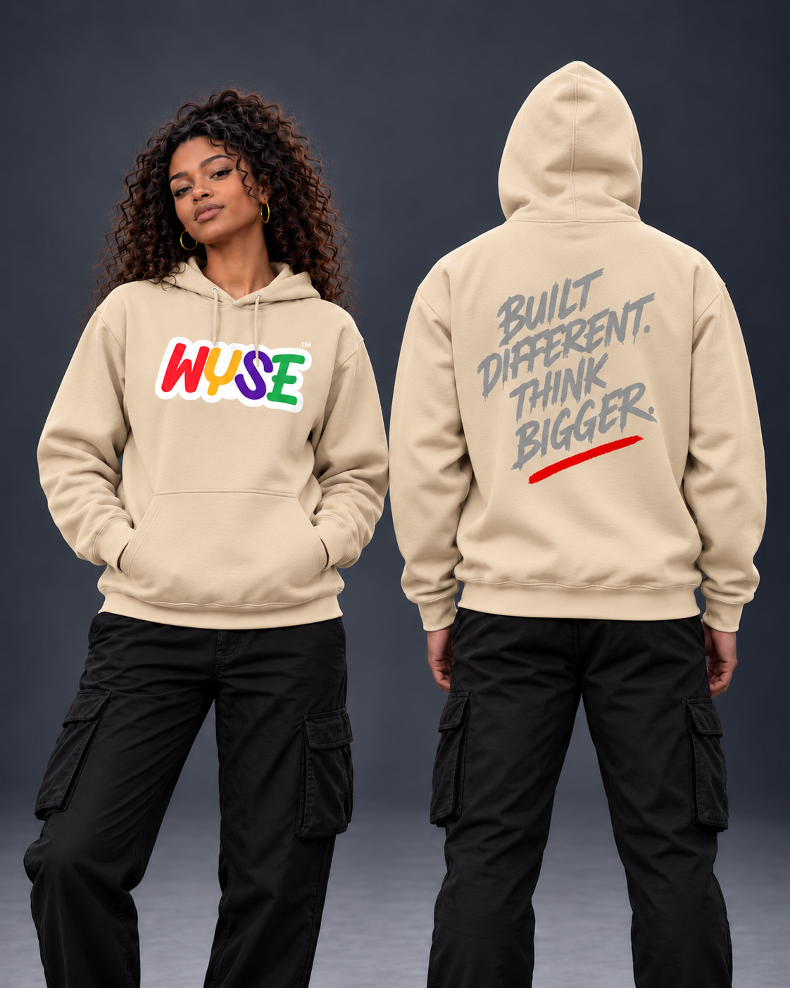 Sand WYSE Built Different Graphic Hoodie — front and back shown on female and male models in a neutral studio