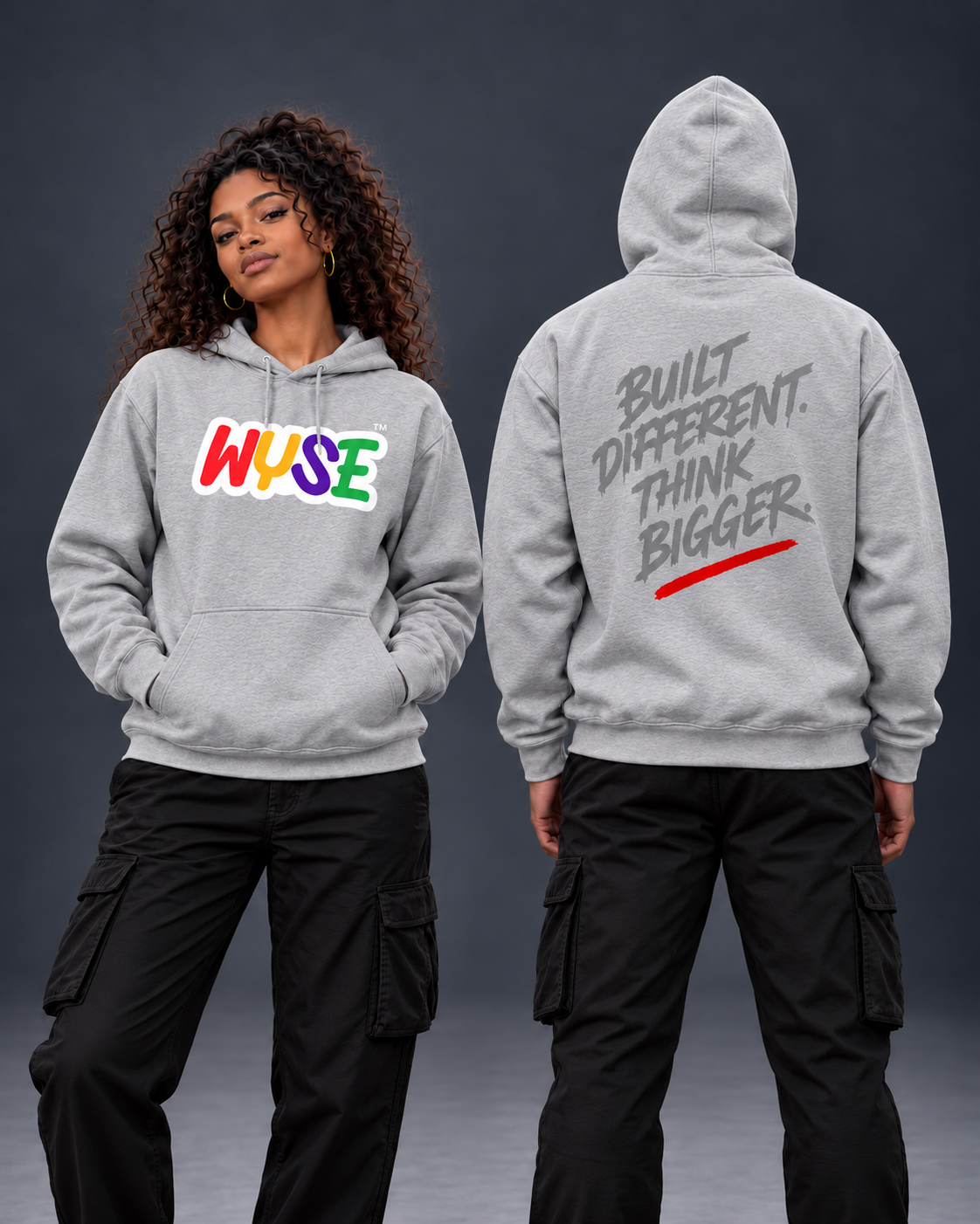 Sport Grey WYSE Built Different Graphic Hoodie — front and back shown on female and male models in a neutral studio
