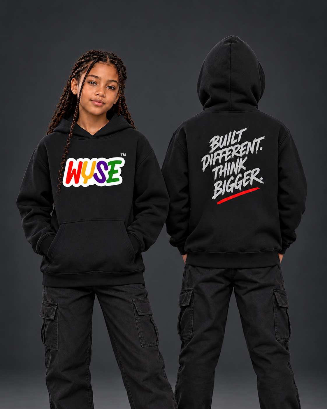 Black WYSE Built Different Youth Hoodie — girl showing the front WYSE logo and boy showing the back graphic in a charcoal studio